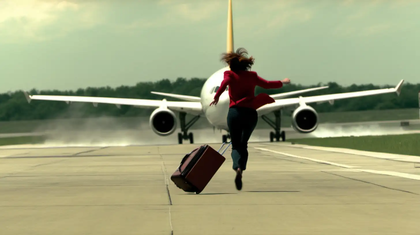 BIG WIDE SHOT: Woman chases after an airplane, dragging her luggage behind her.