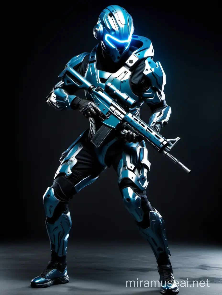 Futuristic armour soldier full body art in attack pose with a shooting gun