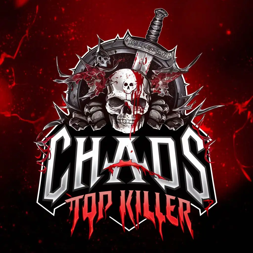 logo, sword shield skull blood, with the text "CHAOS TOP KILLER", typography