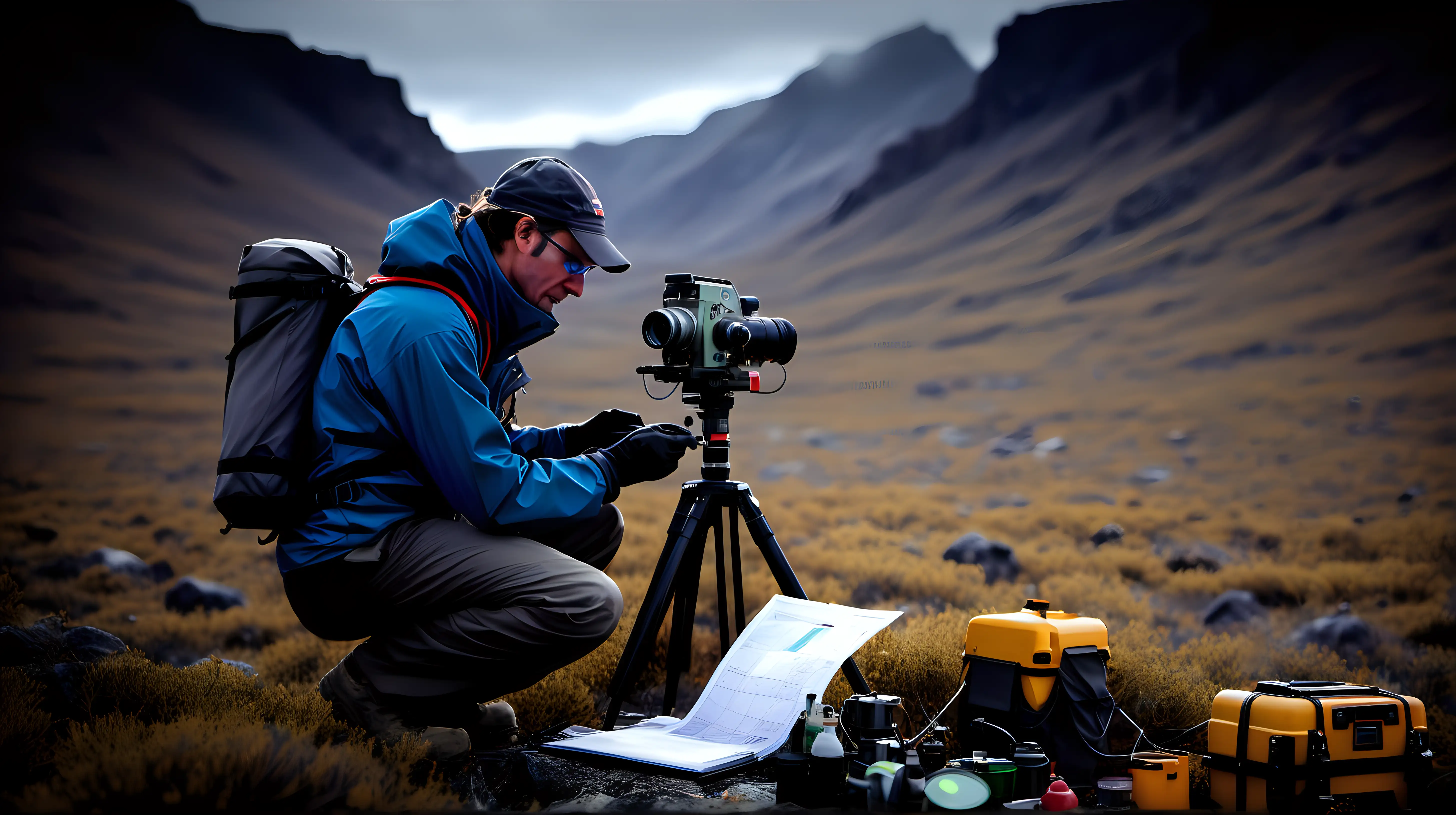Dedicated Researcher Conducting Fieldwork in Remote Location