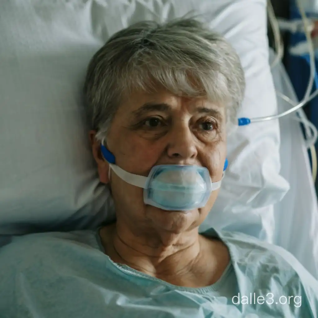 An elderly lady in hospital lying on a bed with oxygen mask at night