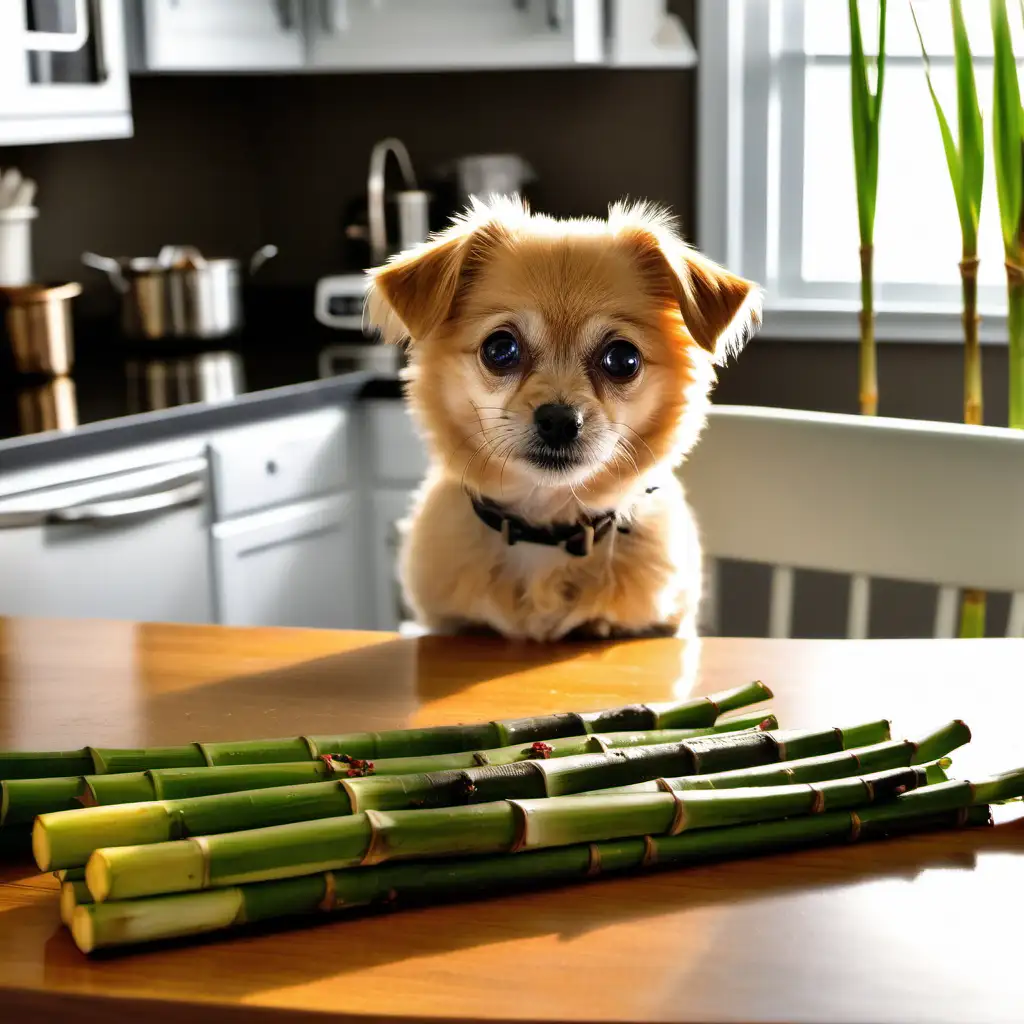 small dog looking at some sugar cane on the kitchen table
