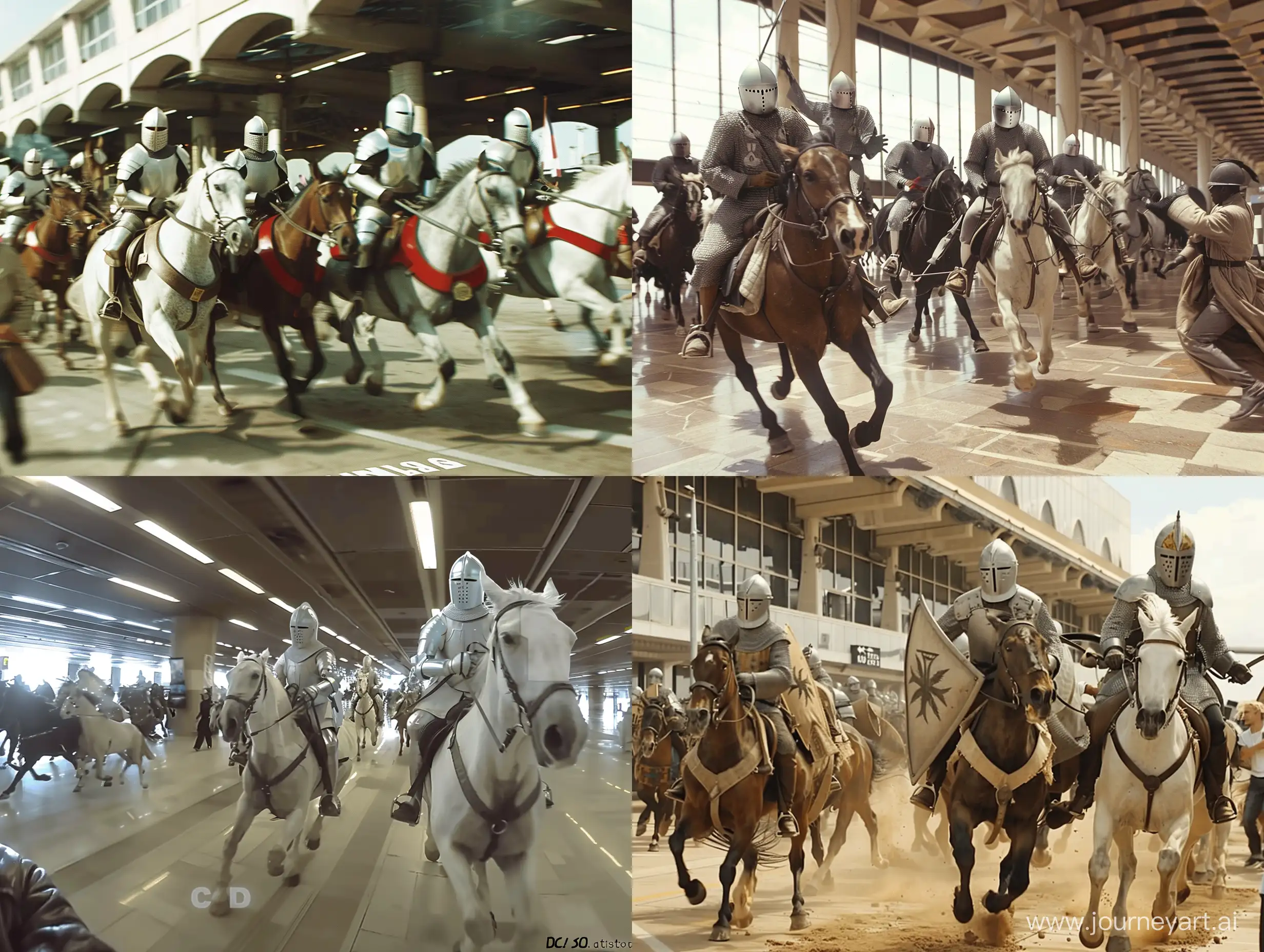 cctv footage showing templar knights storming an airport on horseback, civillians running away in fear, horses running, date on the bottom left corner