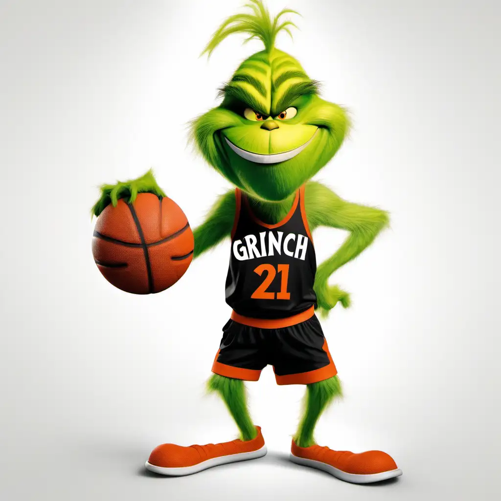 Grinch on a solid white background smiling wearing a black and orange basketball jersey 
