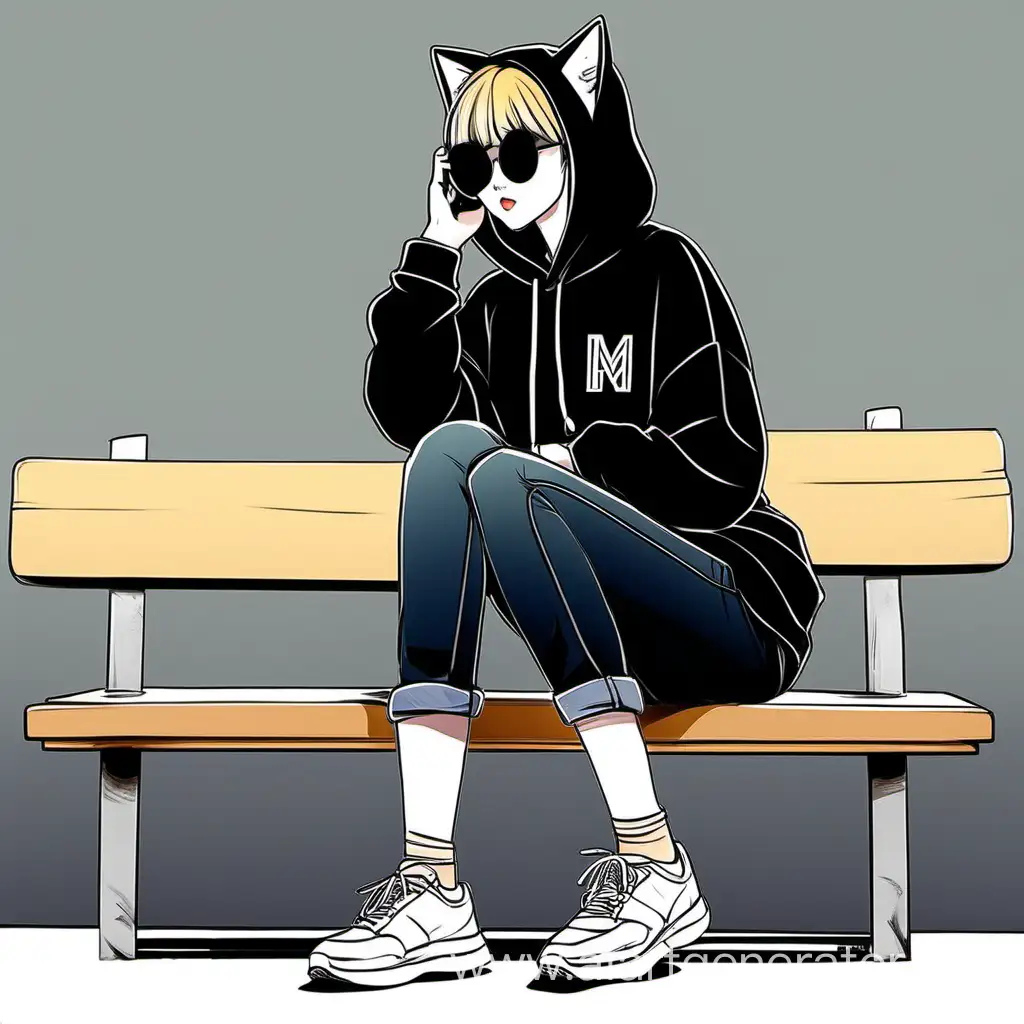A girl wearing black hoodie of bts army using her phone wearing sunshades but they are a little love so we can see her cat eyes and she's making gum baloon also there is a cat ear headphones on her head like she's listening musing minding her own business sitting on a bench of some park it might be a half body drawing just to put on profile picture