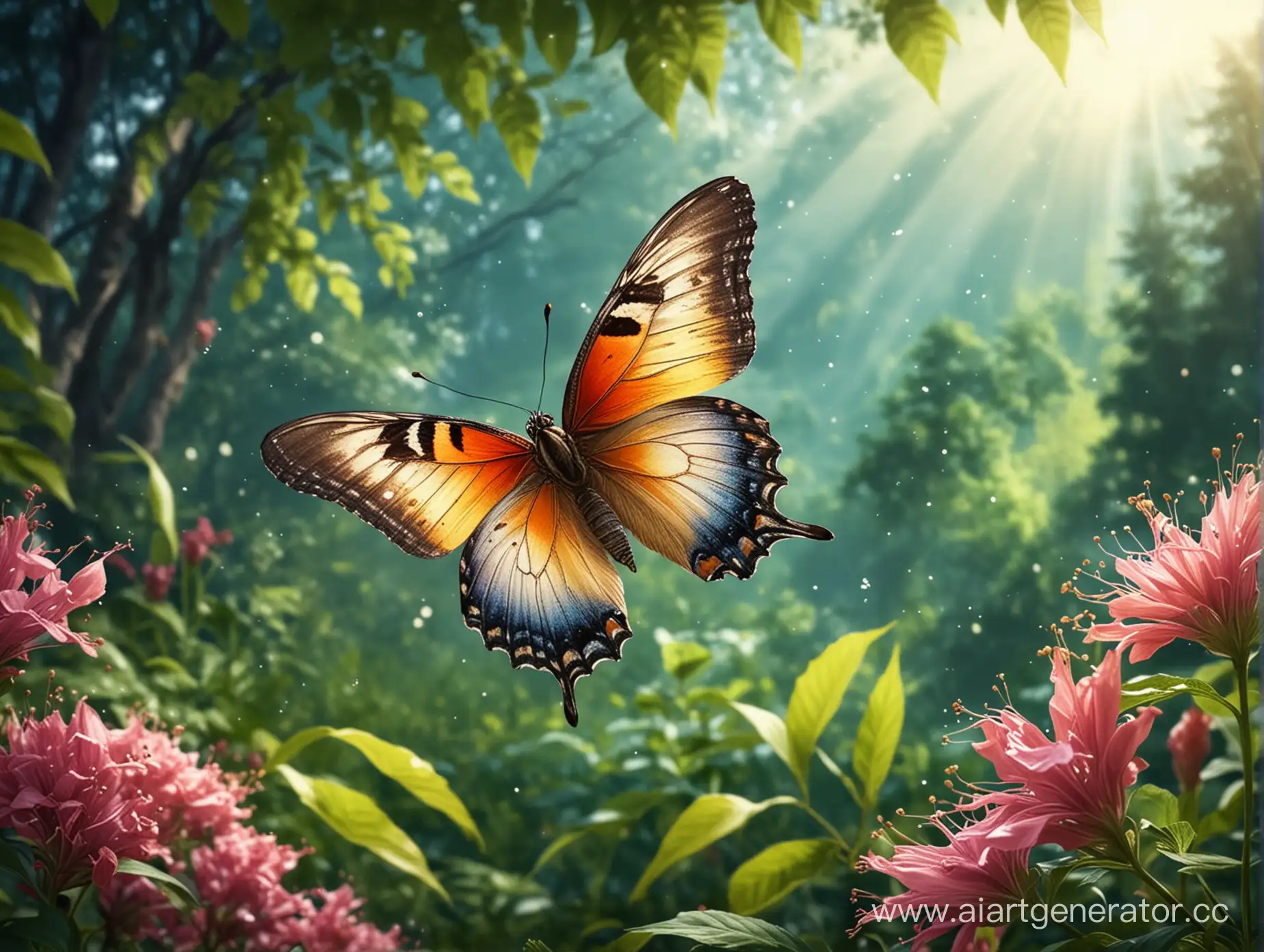 создай новую картинку красивой порхающей бабочки на фоне природы