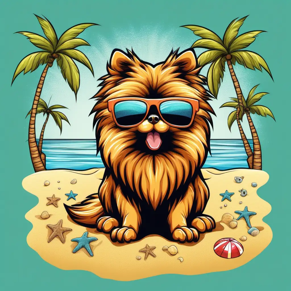 Cartoon pomerainian in sunglasses on the beach, sand, 7 colors in image, design for a t-shirt