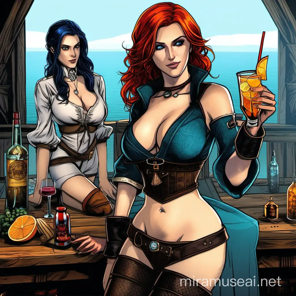 Seductive Yennefer and Triss Merigold Enjoy SkyBlue Thong Cocktails