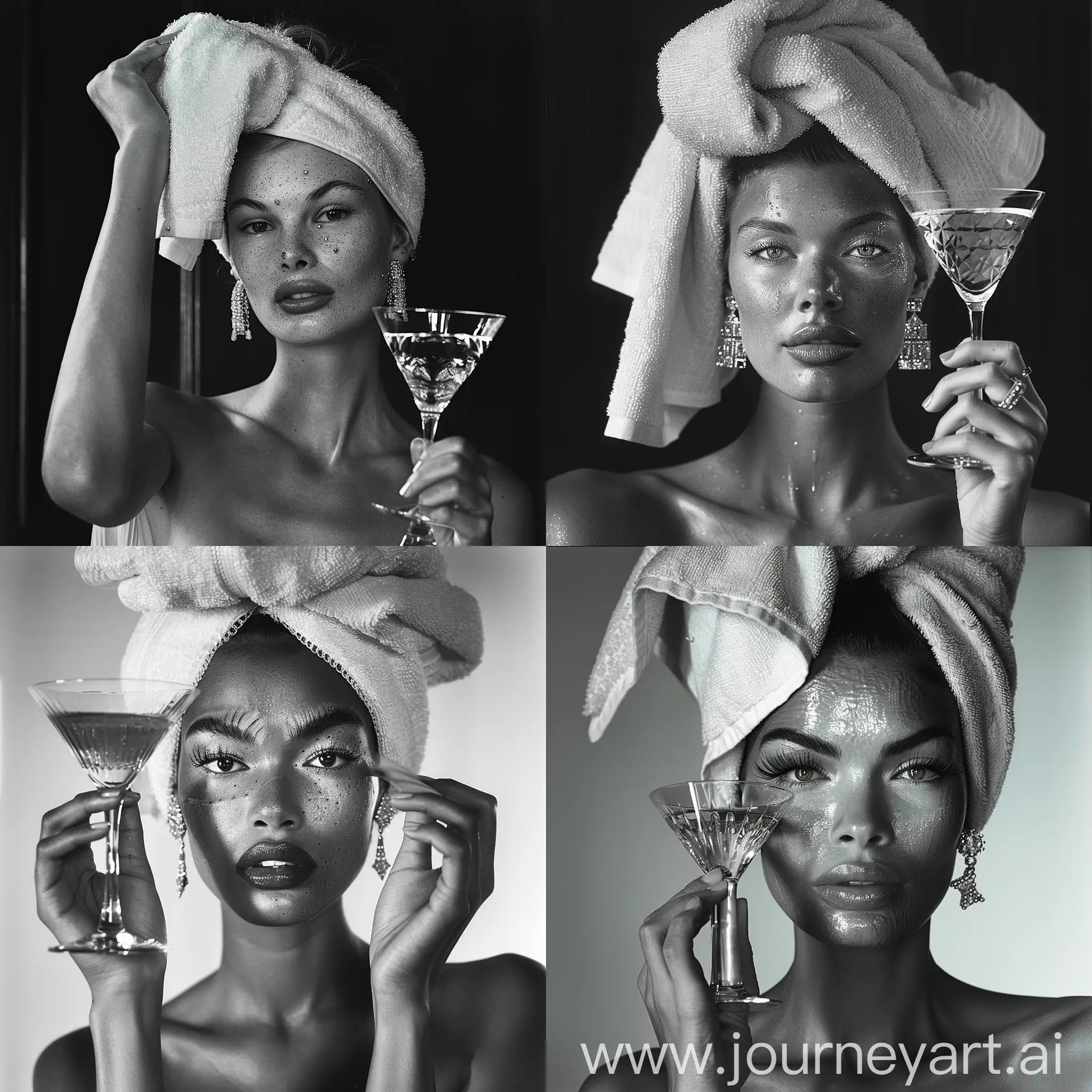 Vintage-Vogue-Photoshoot-90s-Icon-with-Towel-Headwrap-and-Martini-Glass