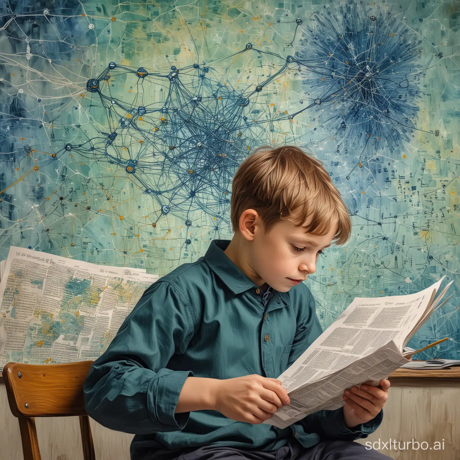 An water paint painting of a kid reading a scientific paper with neural networks in the background in van gogh style