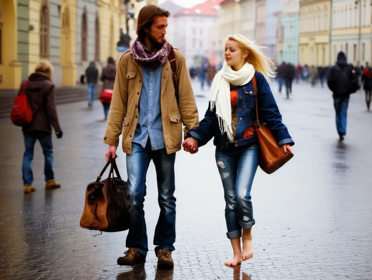 create a picture of two people girl without shoes, barefoot and boy with shoes,: person one description: 23 years old barefoot, no shoes visible,  hippie girl, blonde, white, cut out microskirt, jeans jacket, walking in prague, center, handbag, evening, winter, raining, snowing, person two description: boyfriend, tall boy, beard, in jacket, scarf, winter shoes