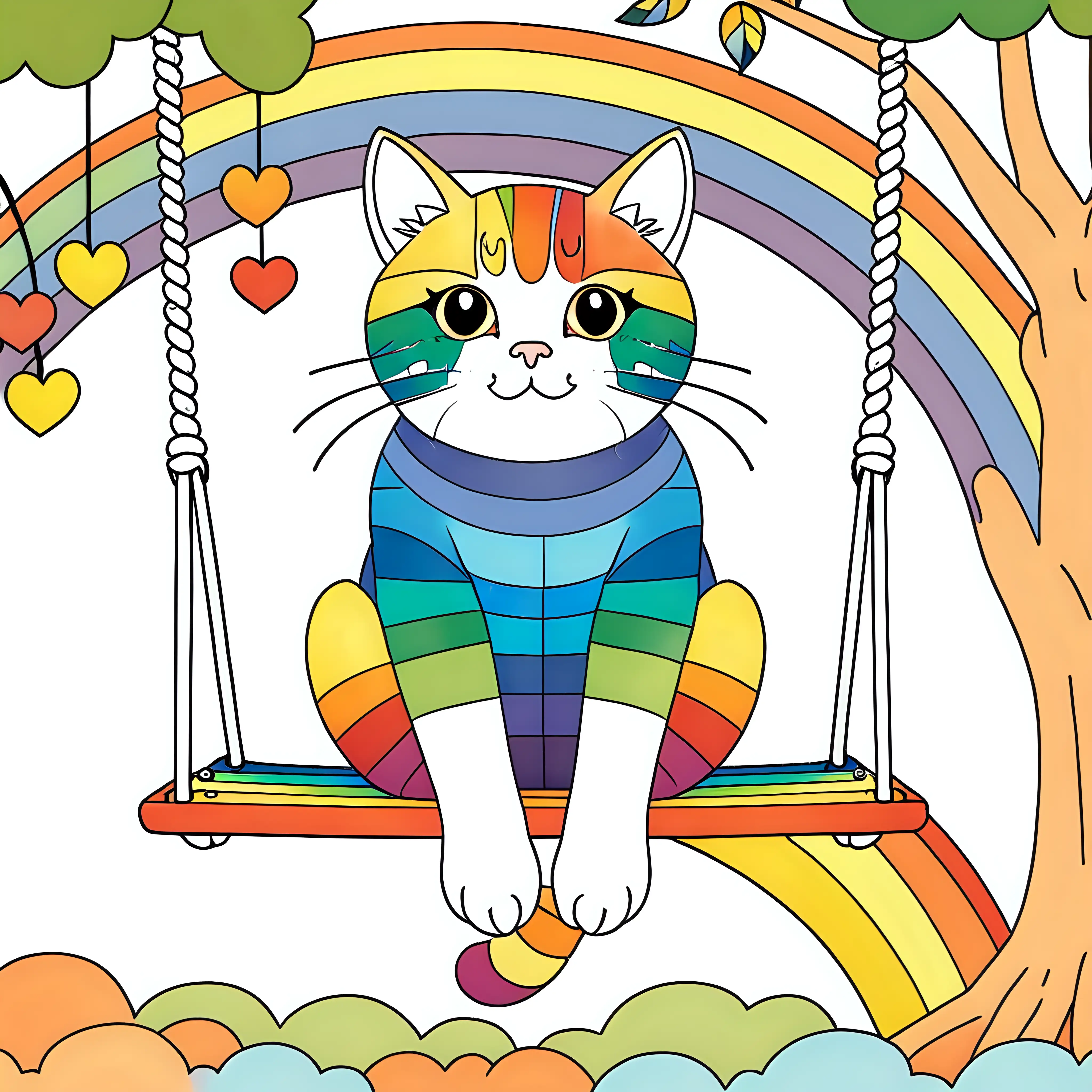 Colorful Cat Enjoying Swing Ride with Rainbow Background