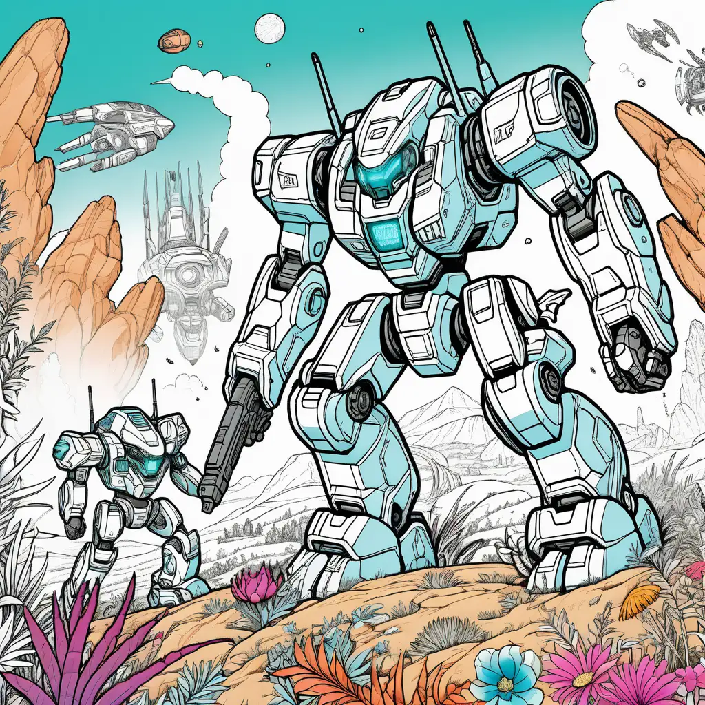 Mechs battling in an otherworldly alien landscape with vibrant flora and fauna, coloring book style, thick lines, white background, no shading, simple, cover art, with text saying "the mech adventure"