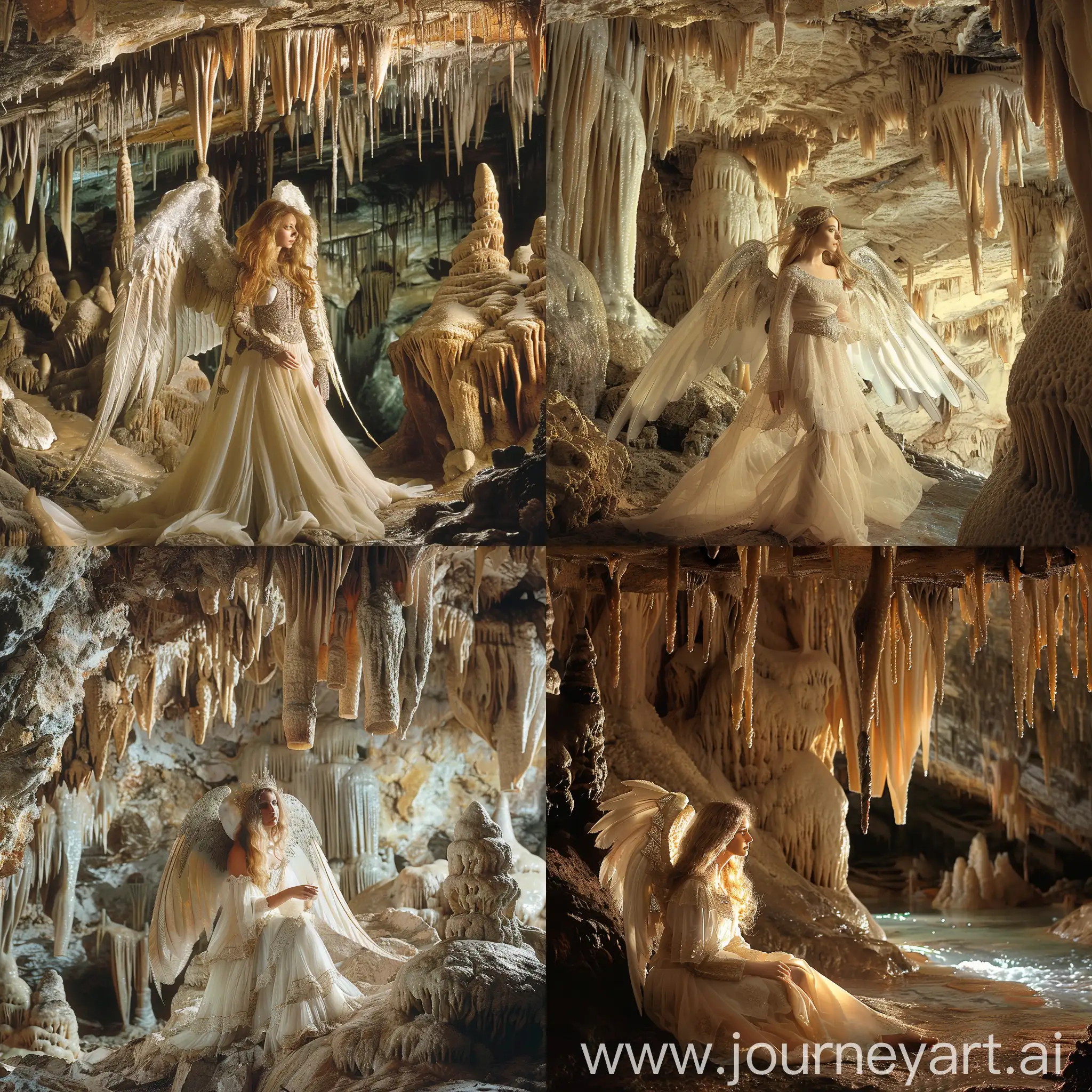 Medieval-Angel-Woman-in-Cave-with-Stalactites-and-Stalagmites