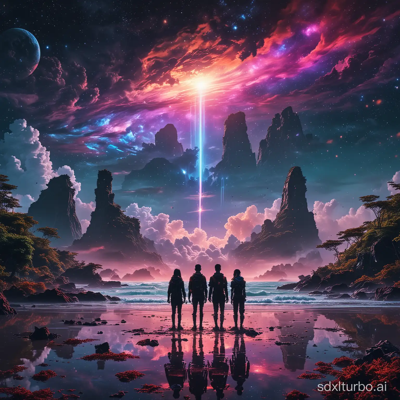 Gorgeous nebulae, shocking visual effects, a group of people standing on the island of Taiwan, rich colors, cyberpunk style Taiwan