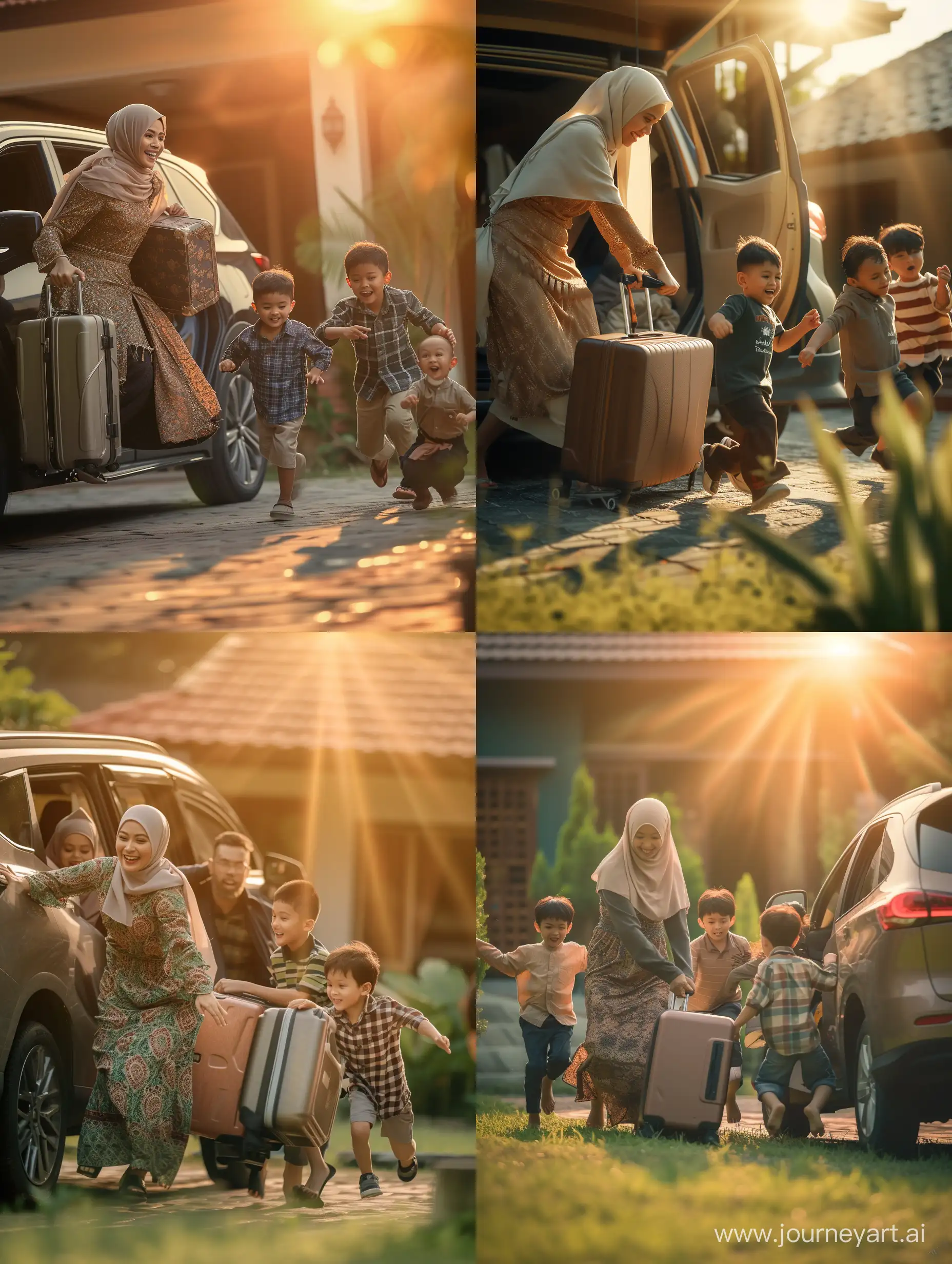 Ultra realistic, close up, a Malay married couple is packing and putting a suitcase into the car. the wife wears a hijab and a Malay dress. two sons and a daughter are running happily into the car. they want to start a vacation. atmosphere in the yard in the morning. the rays of the newly rising sun. canon eos-id x mark iii dslr --v 6.0
