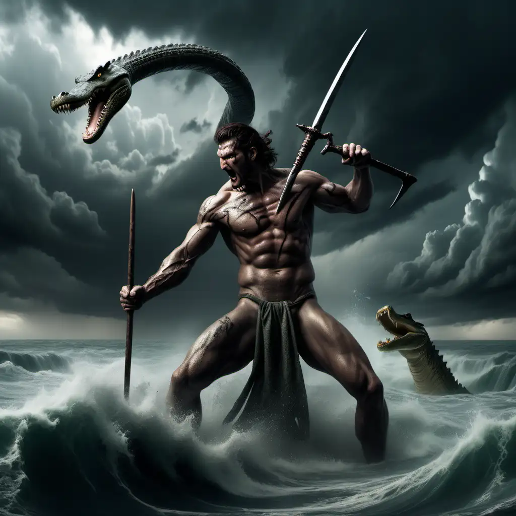 Fierce FullBody Naked Jaguar Man Emerging from Raging Sea