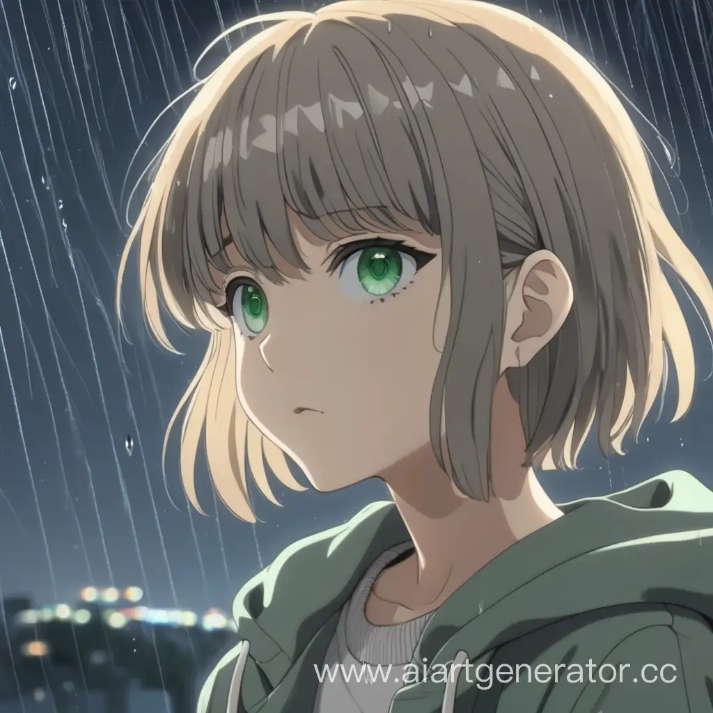 Девушка с зелено- серыми глазами и короткими светлыми волосами и челкой смотрит на небо под дождем аниме рисовка