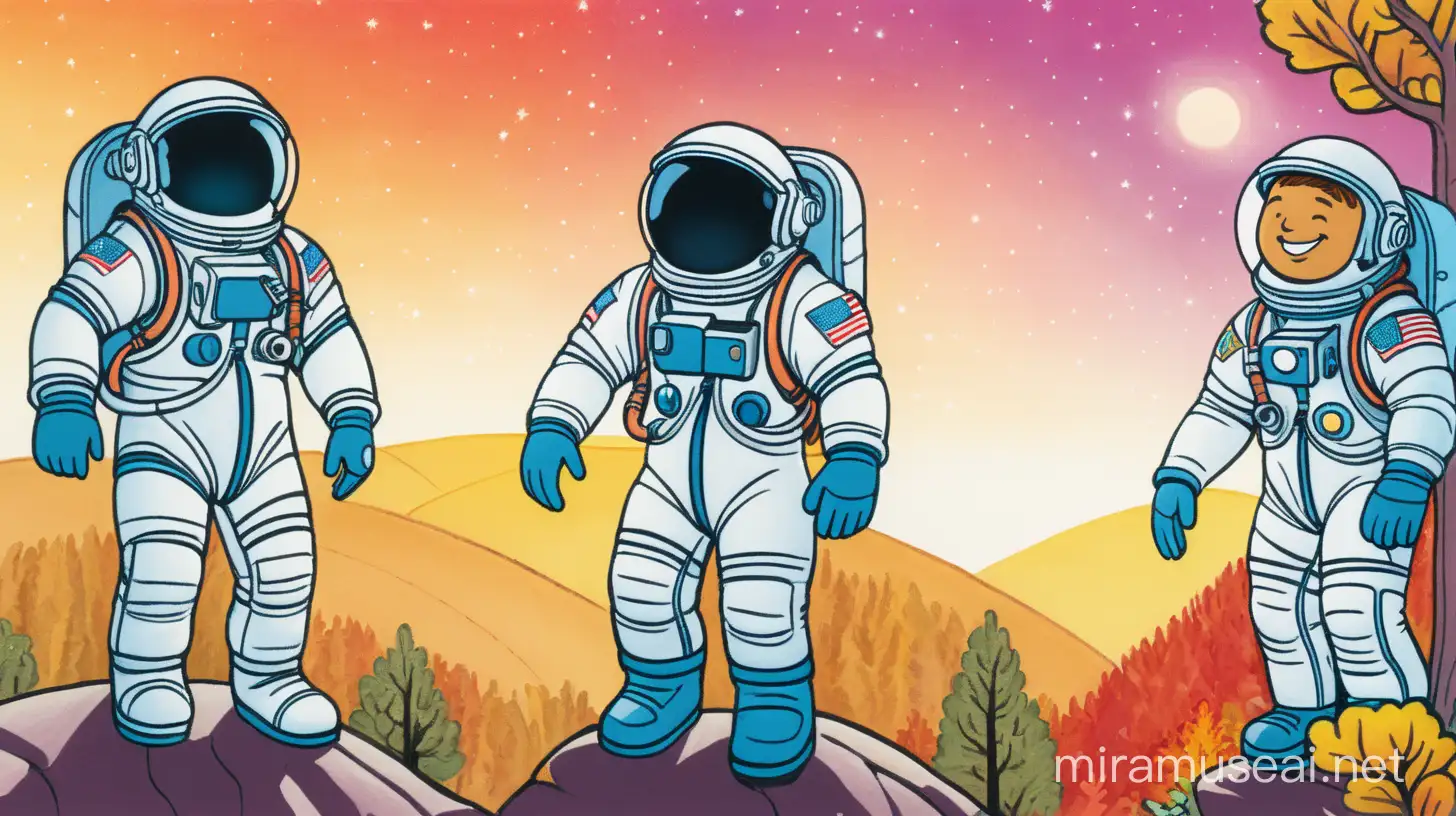 Cartoon of 3 Astronauts, with a simple smile face illuminated, with a colorful background with trees and hills in color