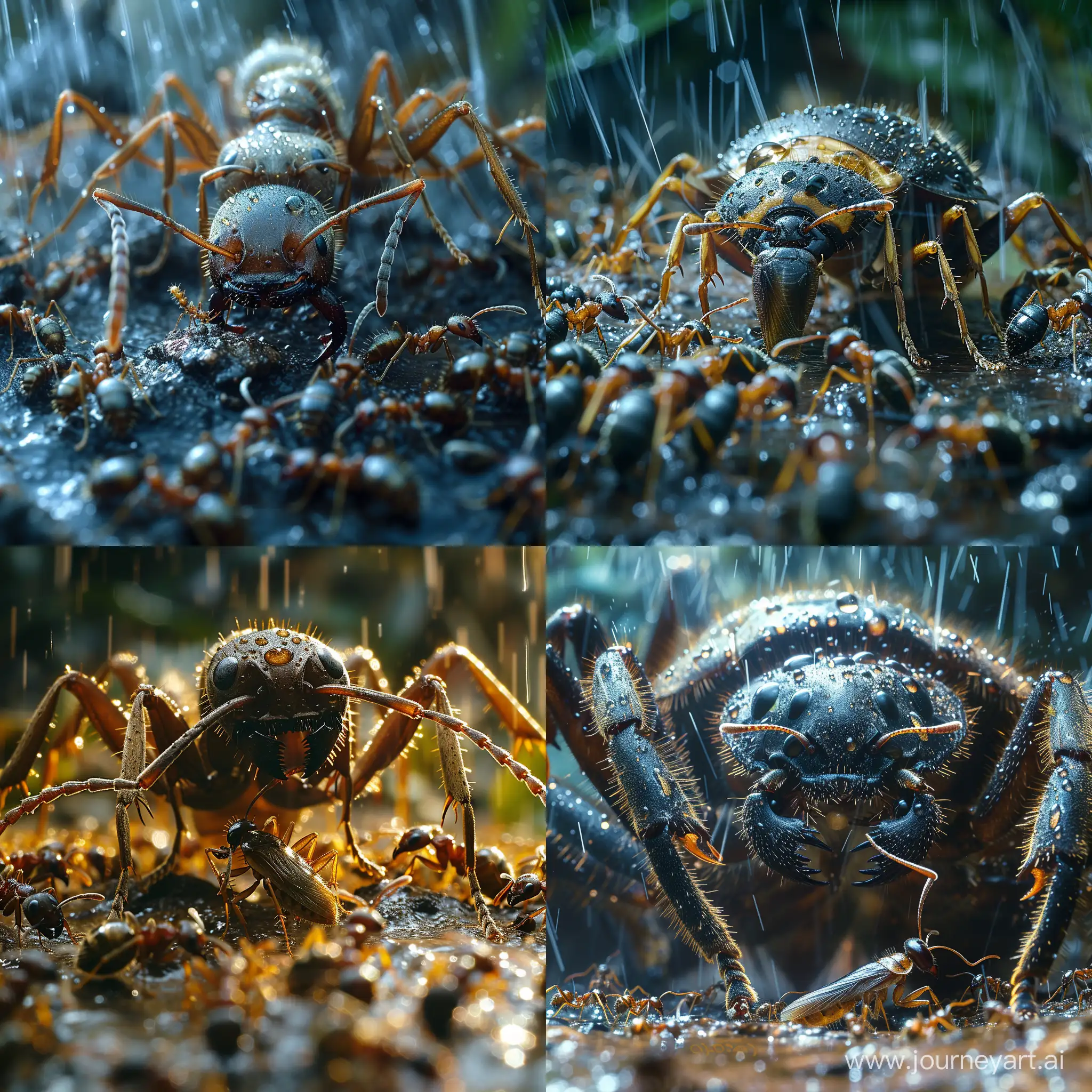 Macro-Photography-of-Giant-Ant-Preying-on-Cockroach-in-Jungle-Rain