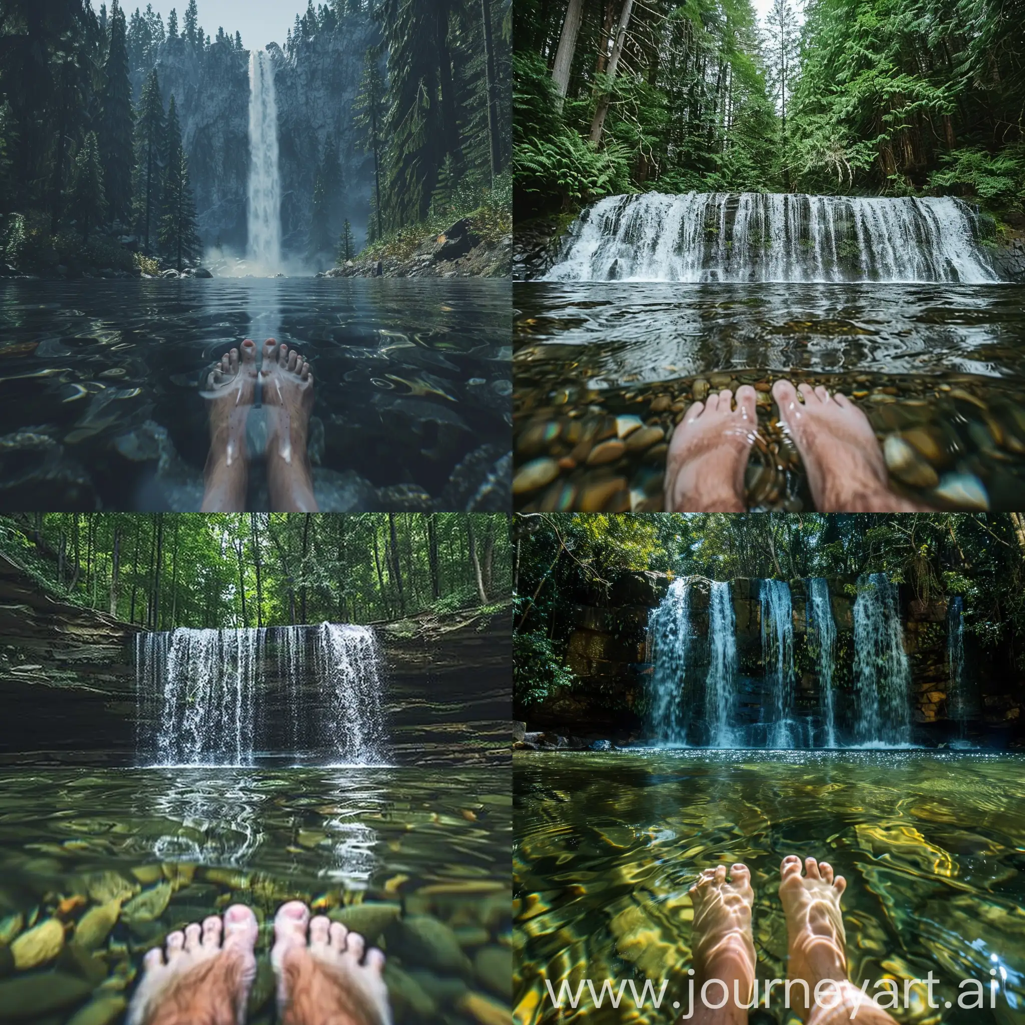 Serene-Forest-Waterfall-Landscape-with-Clear-Water-and-Visible-Toes