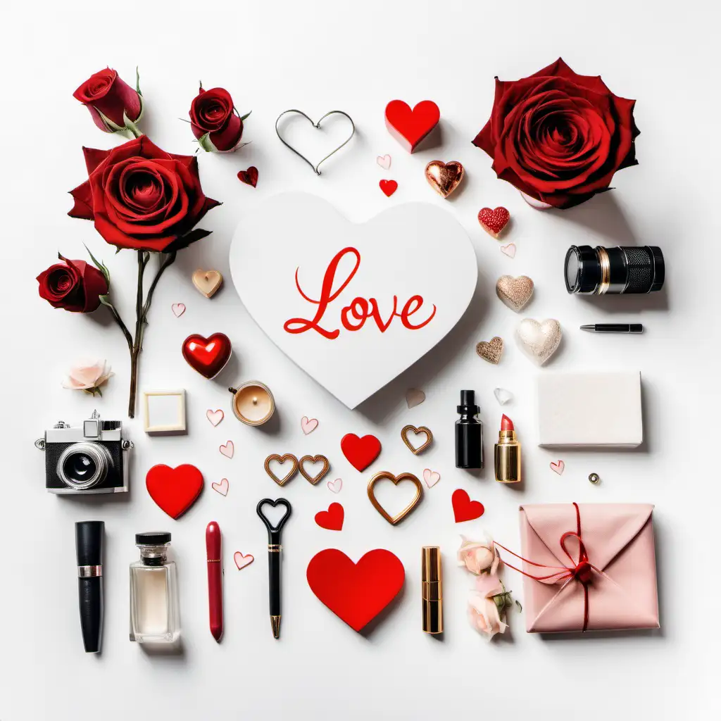 A flat lay of items all associated with love and romance on a white background 