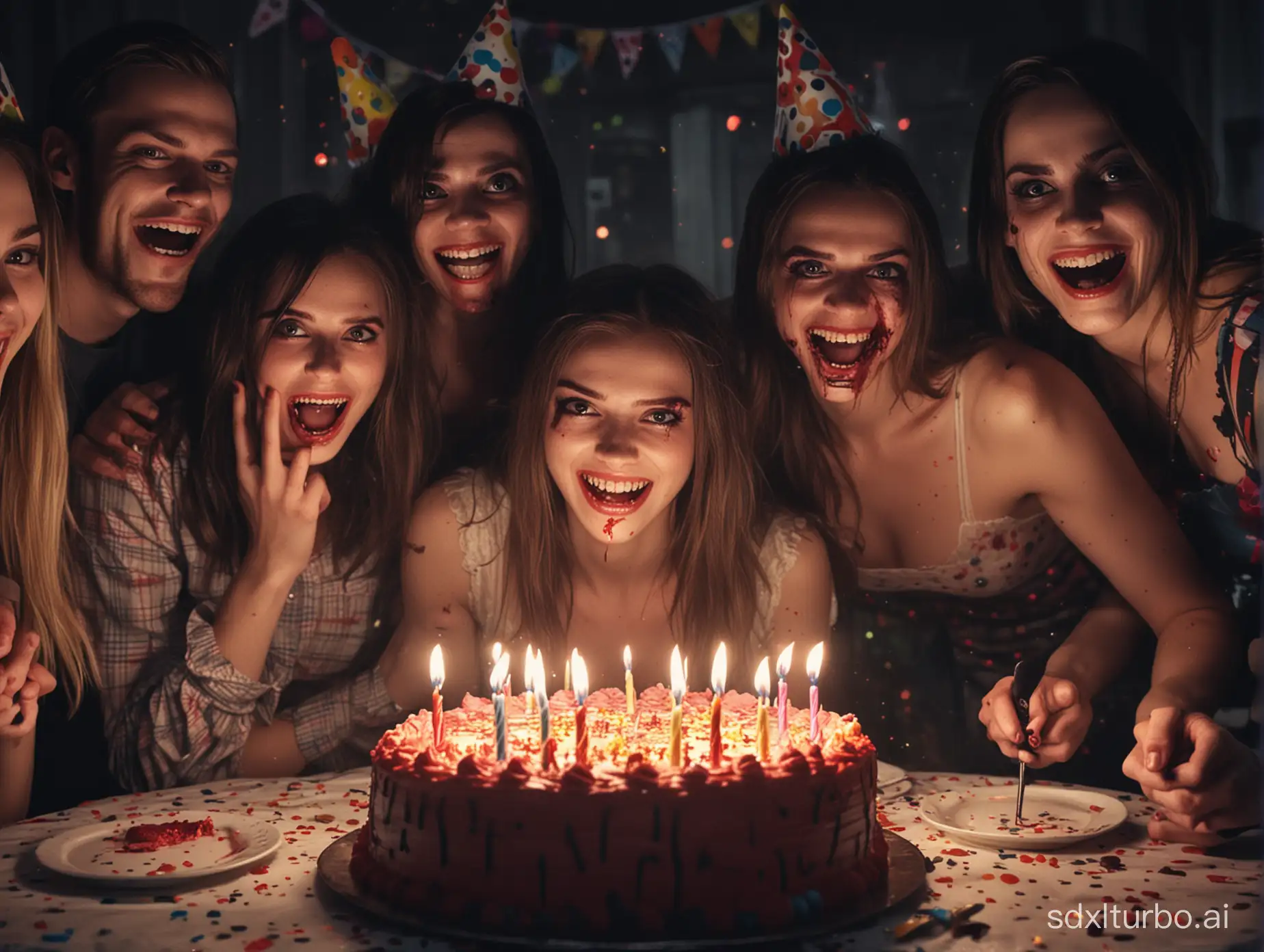 Create a high resolution, 16:9 aspect ratio, scary image about "true birthday horror stories"? The image must be photorealistic, colorful, mysterious, night lights, scary birthday party, very evil smirk, sinister people, creepy smiles, very evil grin, something is not right, atmospheric, catchy, must pop and catch attention.