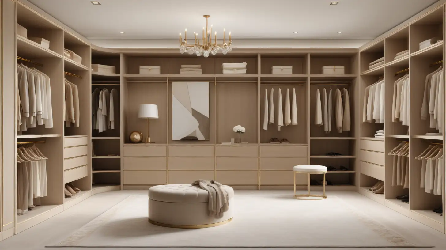 Hyperrealistic image of a modern Parisian estate home walk-in closet; beige, light oak, brass, ivory colour palette