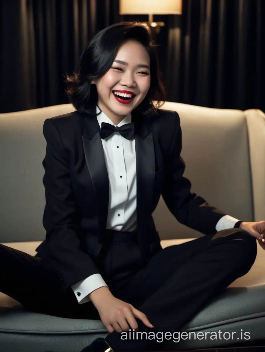 A laughing Vietnamese woman with shoulder length hair, and lipstick is sitting on a couch in a dimly lit room. She is facing forward, looking at the viewer. She is wearing a tuxedo. Her jacket is black. Her jacket is opened. Her pants are black. Her bowtie is black. Her shirt is white and has a wing collar and has cufflinks. She is laughing.