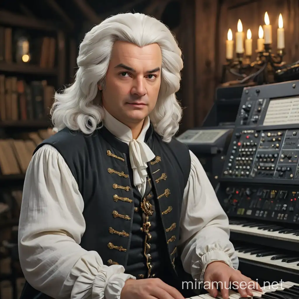 Johann Sebastian Bach, dressed in clothes from the 17th century, wearing a white wig, in a dark workshop full of modern synthesizers  