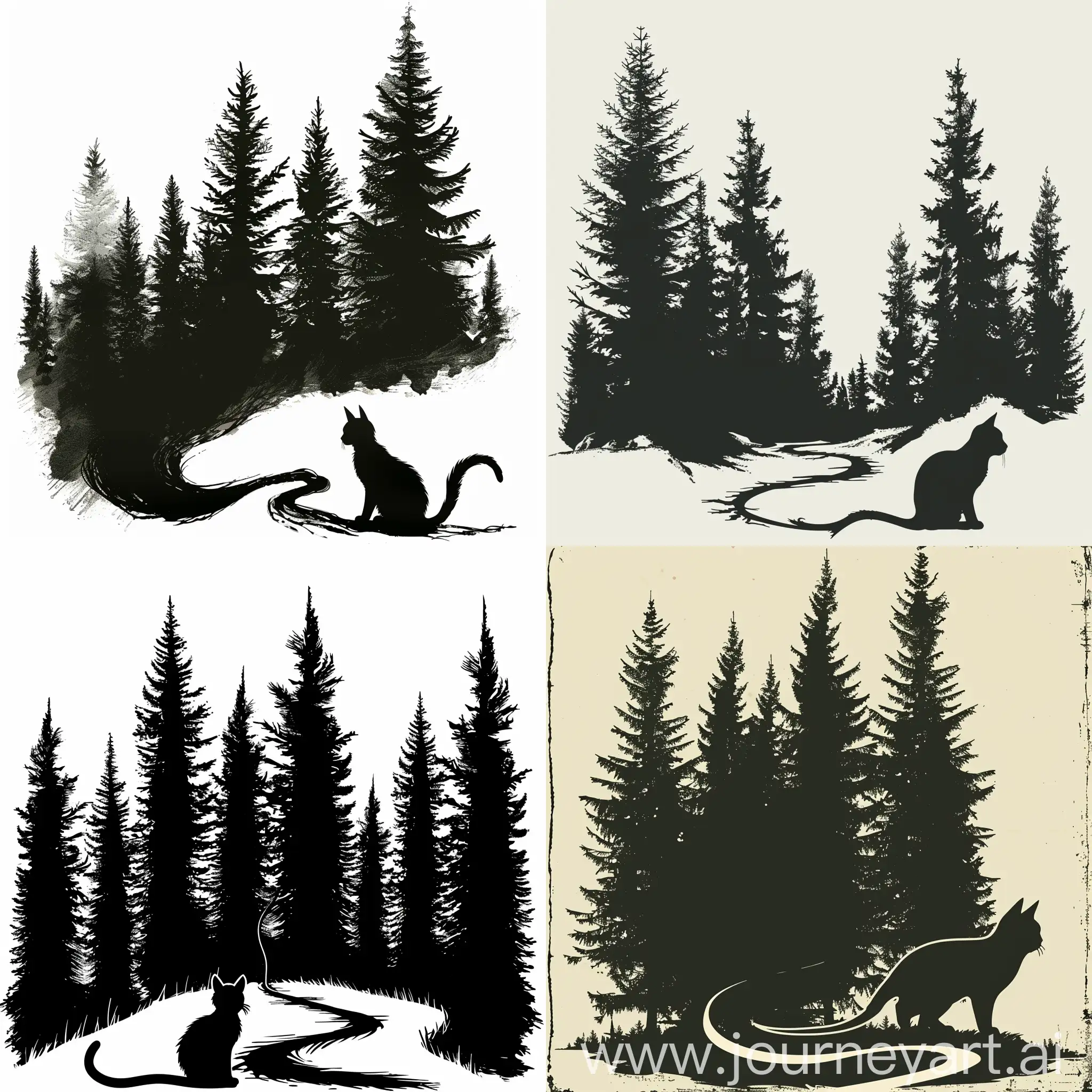 I would like to create a logo for a Cat Boarding kennel called Fur Creek Retreat.  I would like large fir tree silhouettes in background, with a cat in the foreground with the pointy ears sort of blending in with the trees.  The cat’s tail would morph into the shape of a winding creek