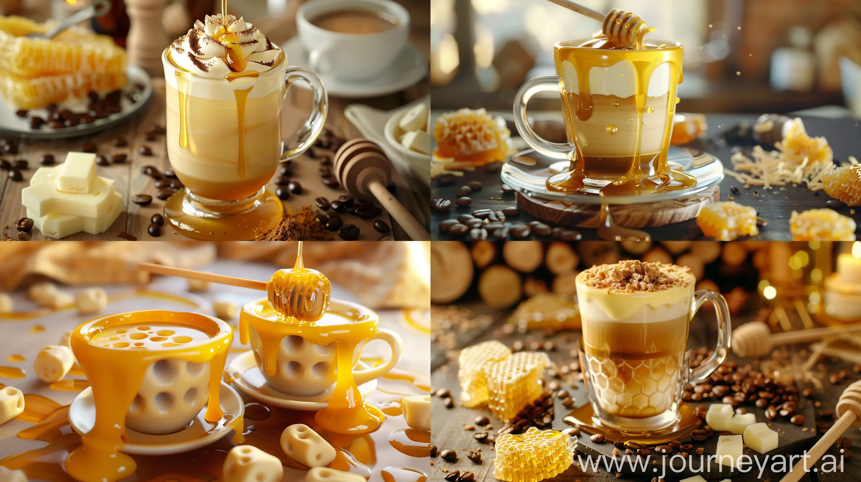 a very delicious and attractive honey cheese coffee, 3D style, fantasy style --ar 16:9