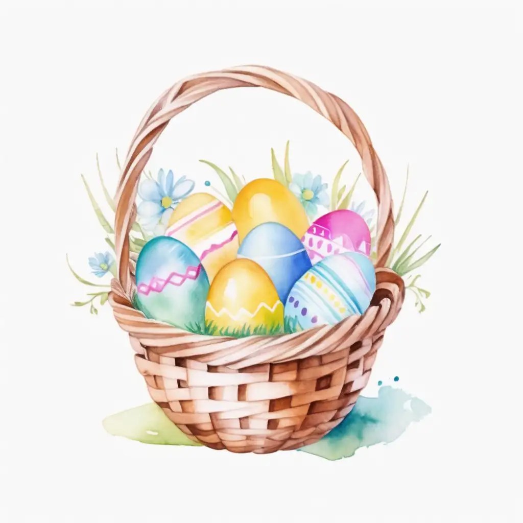 Watercolor Styled Easter Egg Basket on White Background