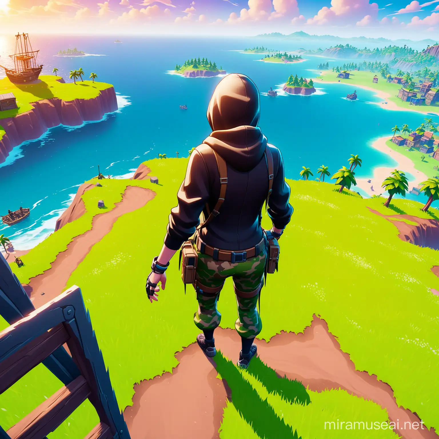 I want a thumbnail for my Fortnite gameplay. The title of my video is: How deaf people play fortnite. I want the thumbnail to be the image of one of the Fortnite's skins wondering and looking at the camera and the background is Fortnite's island.