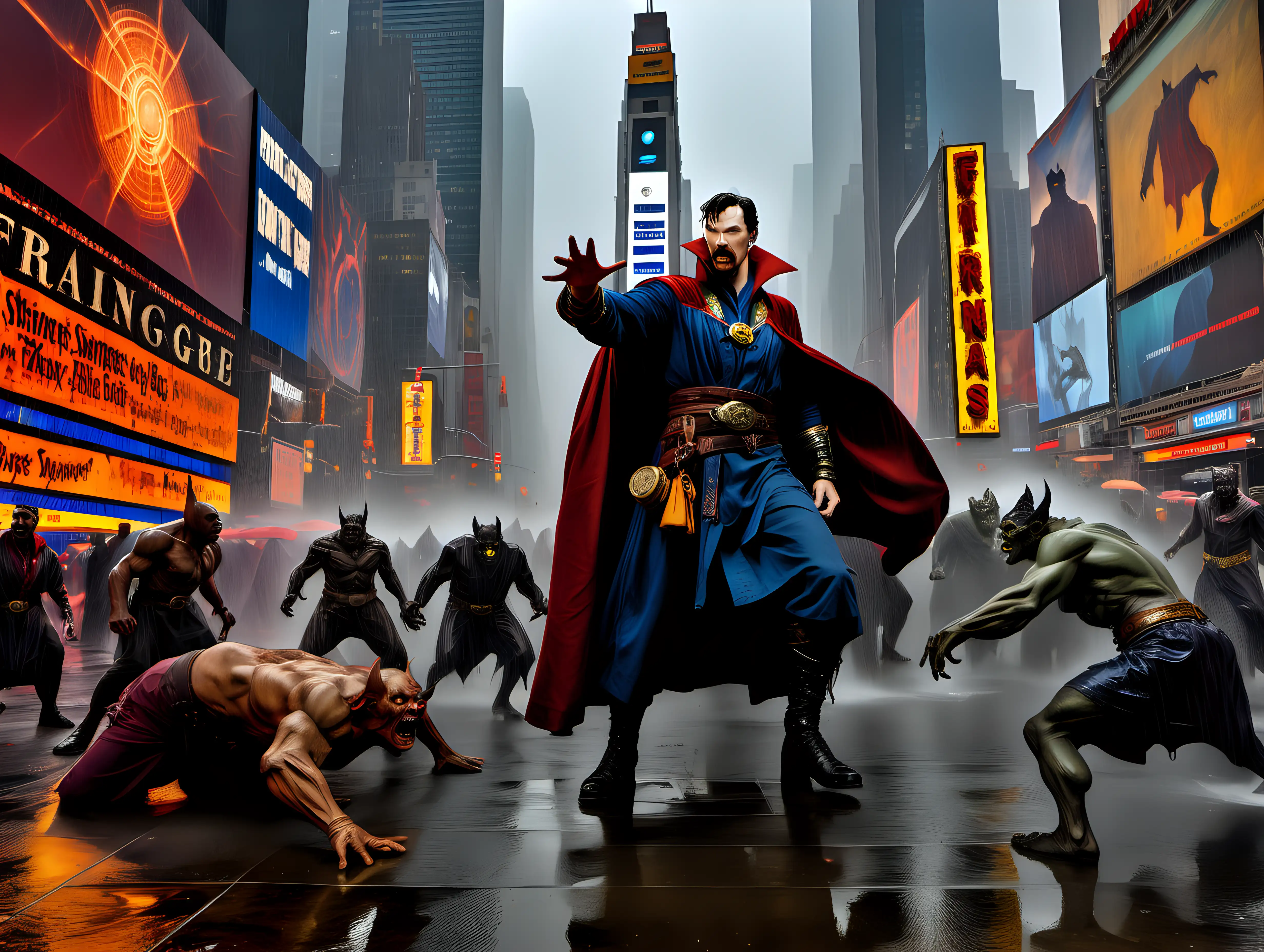 Epic Battle Doctor Strange Confronts Ogres and Vampire Bats in Times Square Rainstorm