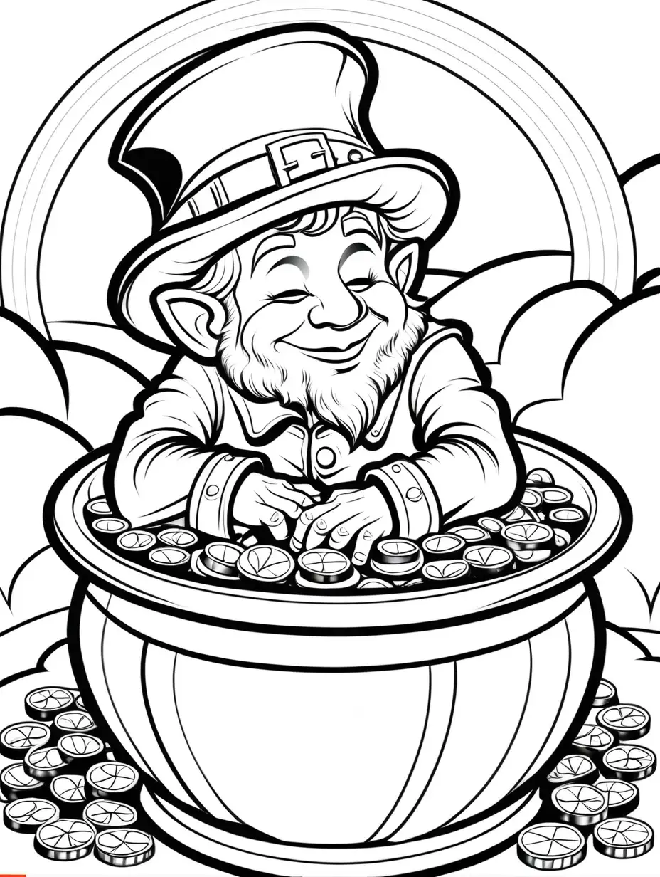 Sleeping Leprechaun in Pot of Gold Coins Coloring Page for Kids