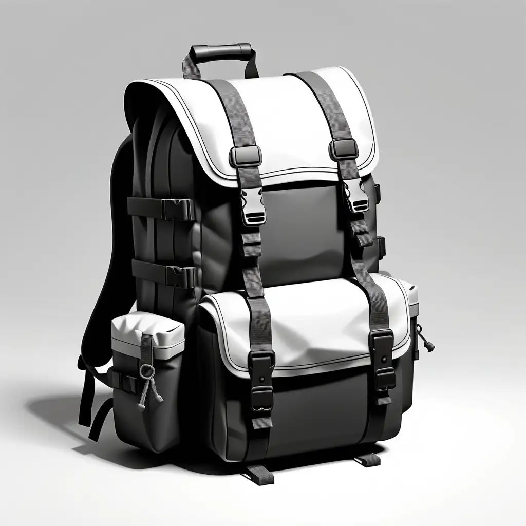 Monochrome Cartoon Style Survival Backpack on White Background