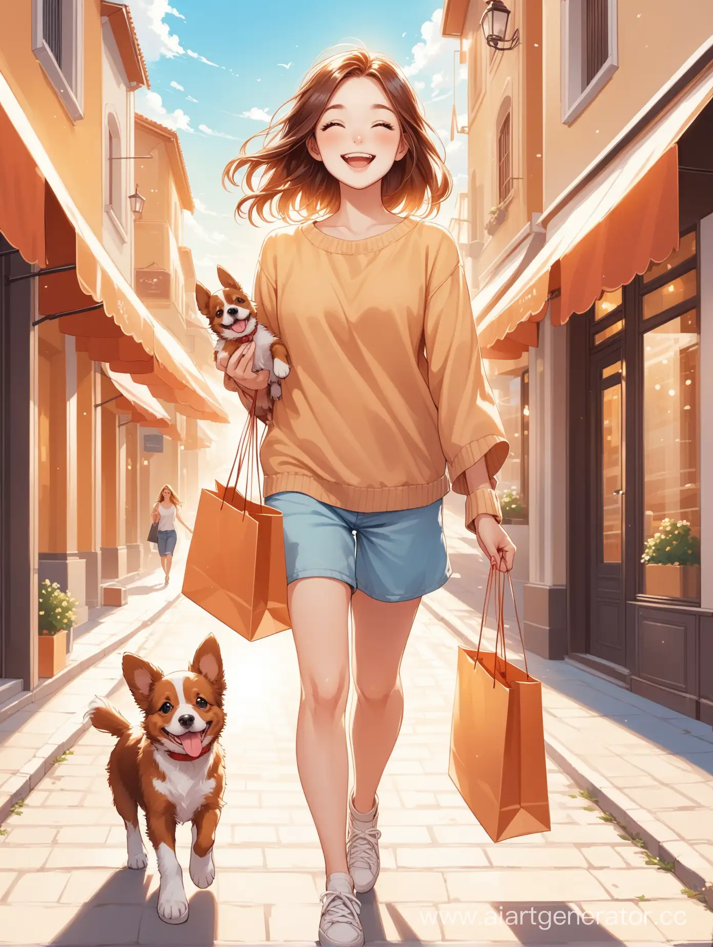 Joyful-Girl-Walking-with-Puppy-and-Shopping-Bag-on-Sunny-Day