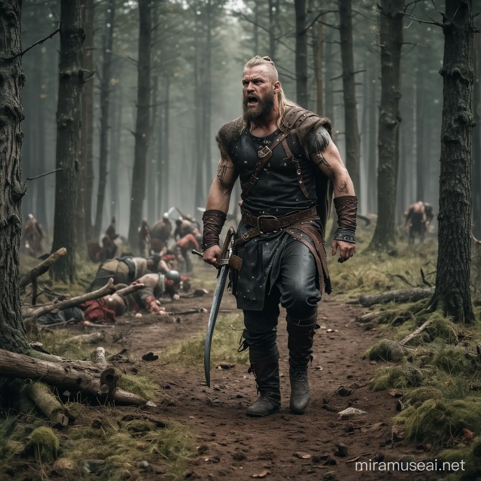 un hombre vikingo agresivo en una guerra en el bosque alrededor suya hay compañeros y rivales muertos y mucha sangre
