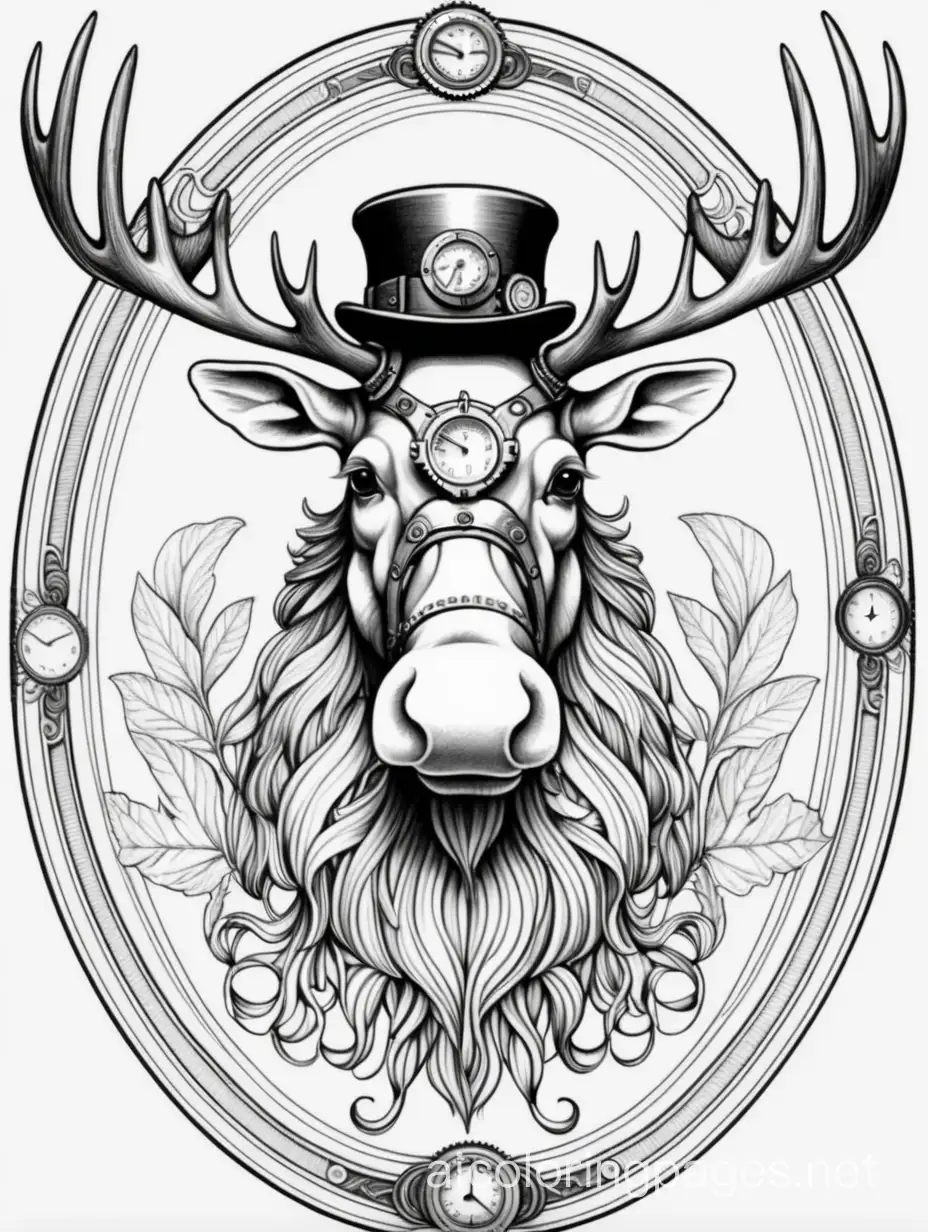 Tattoo Style, ((black lines, white background)), highly detailed, a steampunk moose, Portrait View, looking straight ahead, Perfect composition golden ratio, masterpiece, best quality, 4k, sharp focus. Perfect anatomy, fully isolated inside of a white oval, Coloring Page, black and white, line art, white background, Simplicity, Ample White Space. The background of the coloring page is plain white to make it easy for young children to color within the lines. The outlines of all the subjects are easy to distinguish, making it simple for kids to color without too much difficulty