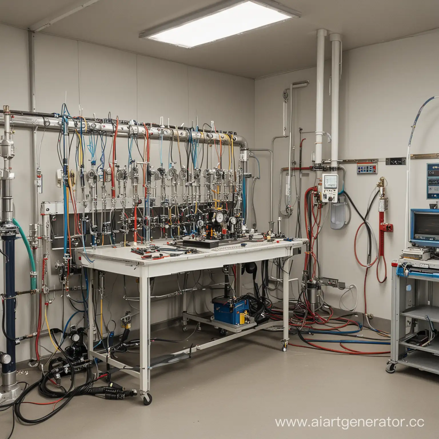 A technical laboratory with a test bench. Several hoses are connected to it, they are under high pressure. There are measuring devices and barometers next to the hoses. An examiner in a helmet is monitoring the process.