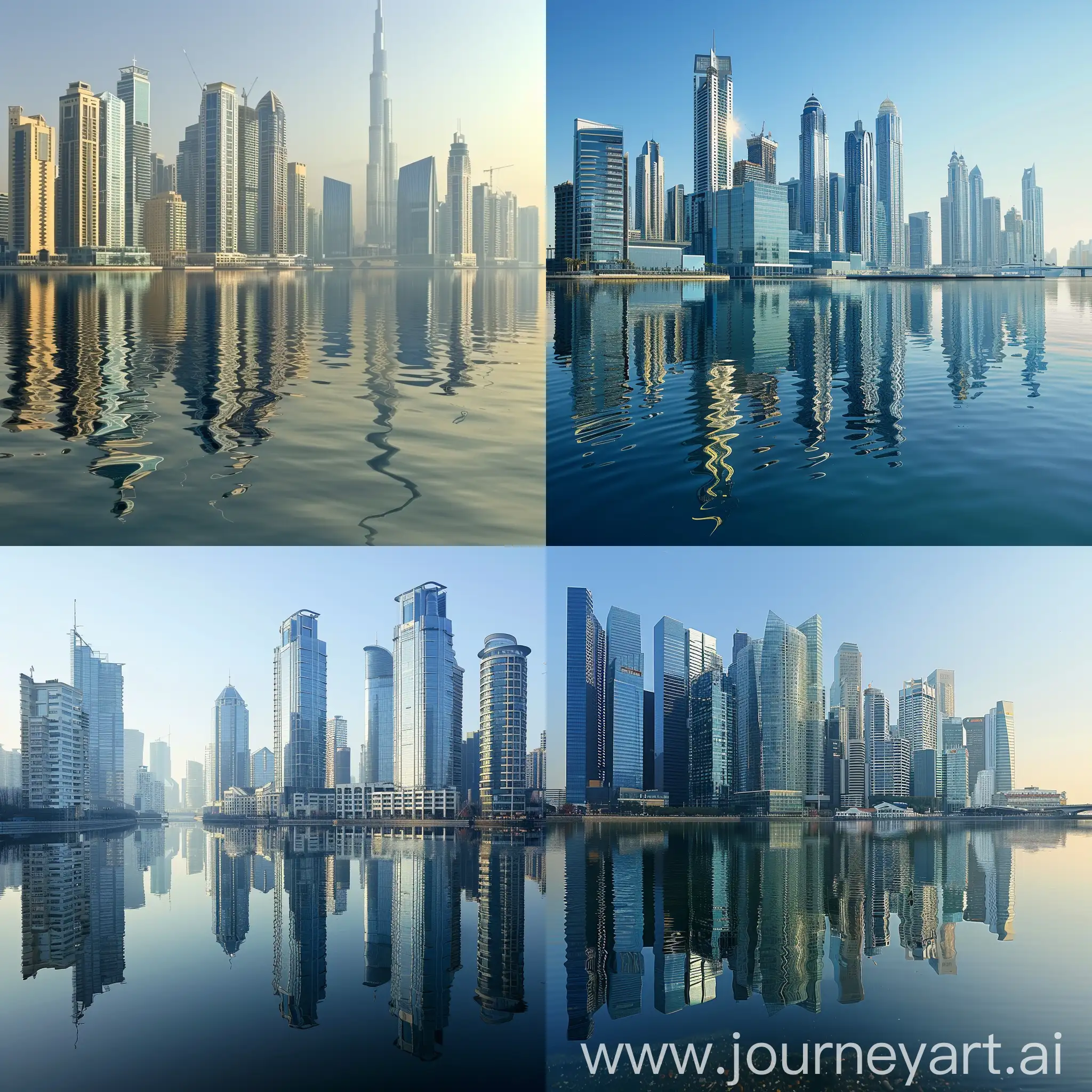 the city skyline, modern urban background, reflecting on water. The scene includes tall buildings, skyscrapers, and a clear sky, in high quality 