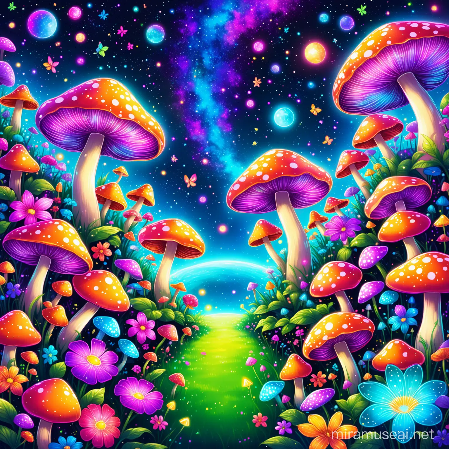 Romantic, whimsical, colorful, neon, flowers, eyes, mushrooms, space, garden