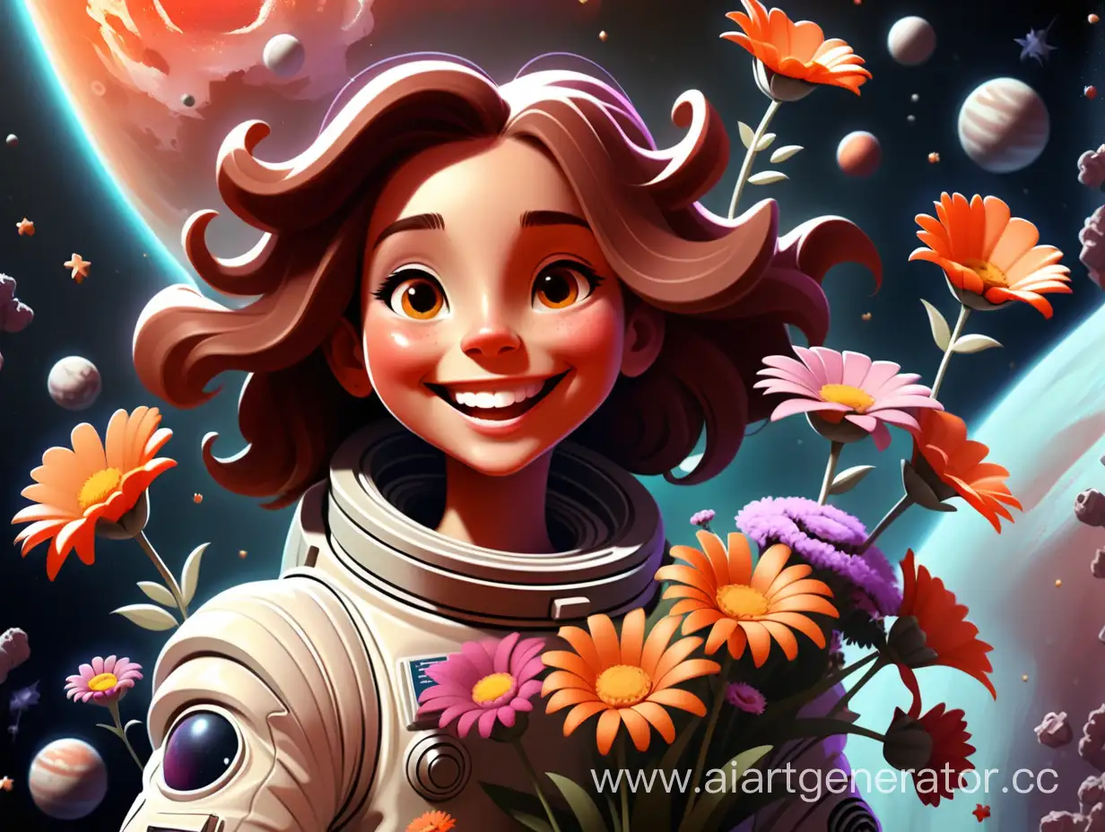счастливая девушка  в космосе держит цветы