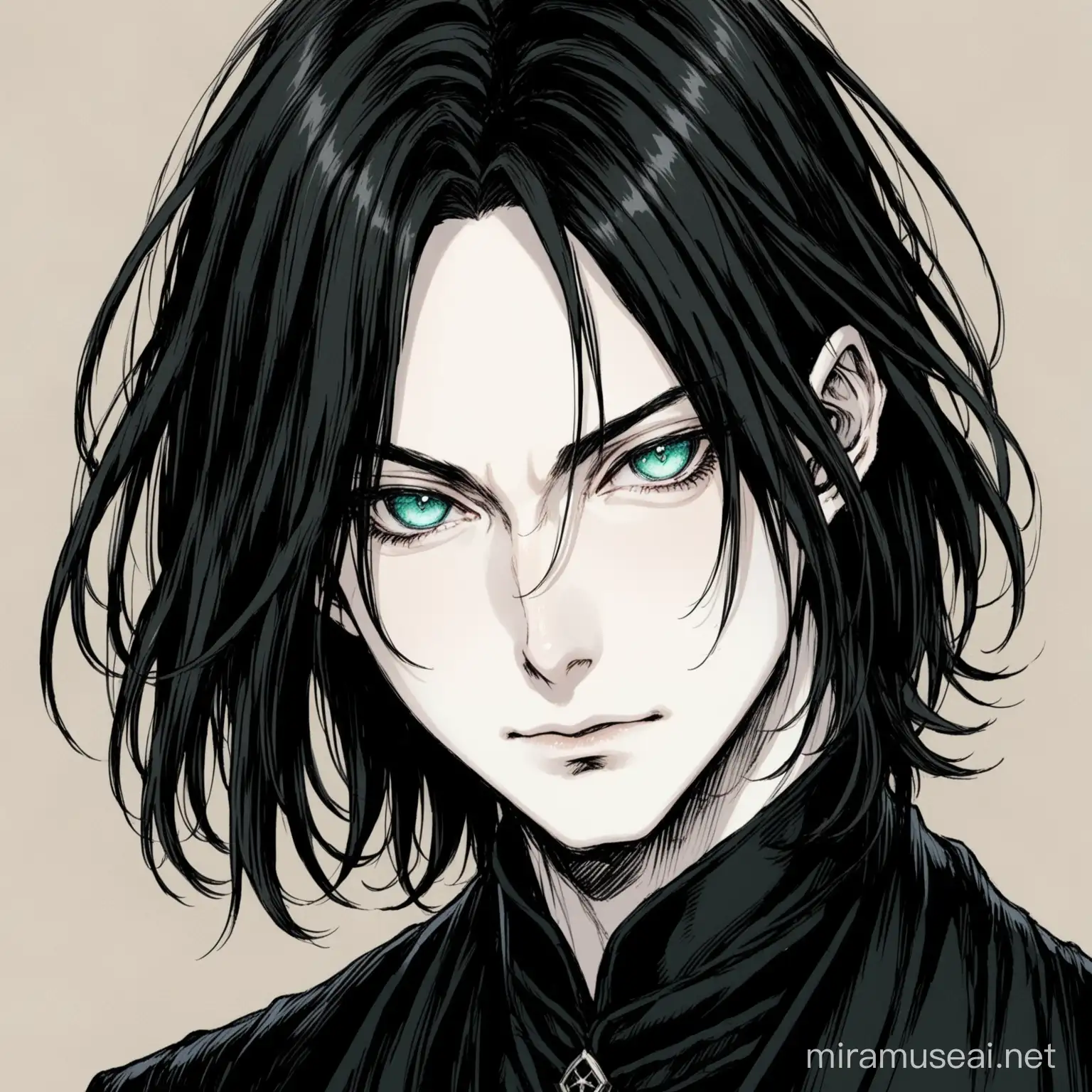 Young Severus Snape, portrait, onyx eyes, long loose hair, black greasy hair, white skin, pale complexion, elegant features, roman hooked nose, drawn by Ayami Kojima