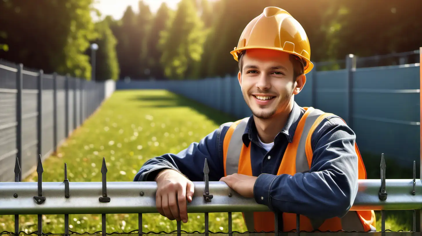 fence construction, metal fence, young, friendly worker, european, 
photorealistic, light, bright atmosphere, high resolution