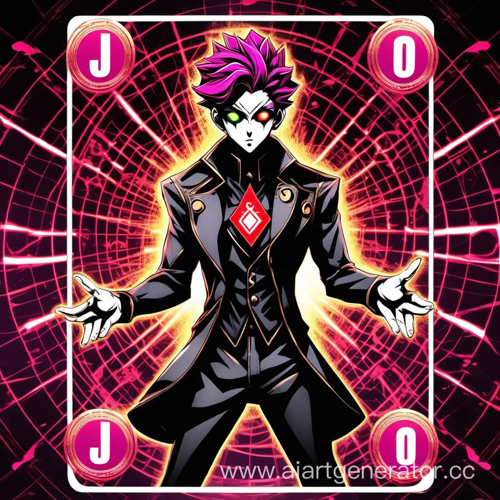 character_design, stand, UNO_cards, time_symbols, shimmering_material, bright_colors, mysterious_eyes, intense_light, unique_features, jojo, mysterious_aura, dark-red_style, black_elements, black_tone 