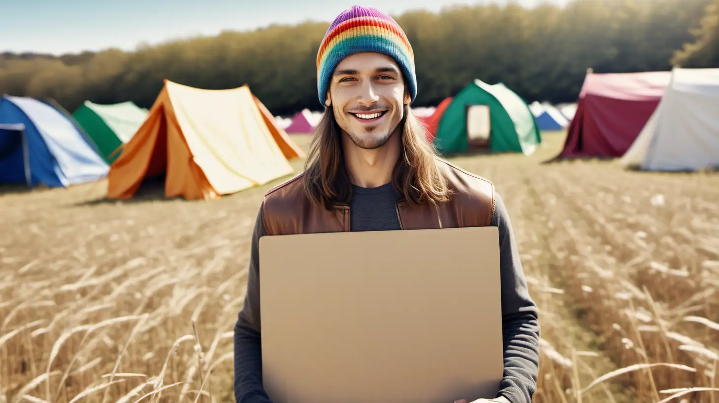 /imagine prompt: Realistic photo of a smiling man with long hair wearing a beanie in a field with a few colorful tents at midday, clutching a blank cardboard sign. Image is at medium range.   Created Using: high-resolution photography , --ar 16:9 --v 6.0
