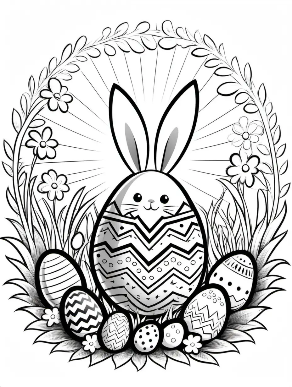 white and black drawing Draw a large Easter egg in the center of the page, adorned with zigzag patterns, dots, and swirls. Beside the egg, draw a cute Easter bunny sitting on its hind legs, holding a basket filled with more eggs. Surround the happy bunny with flowers, and perhaps include a few hidden Easter eggs in the grass.  Above the scene, draw a shining sun with rays extending outward. Add a few clouds for a touch of atmosphere. You can also include a simple "Happy Easter" message at the top or bottom of the page.