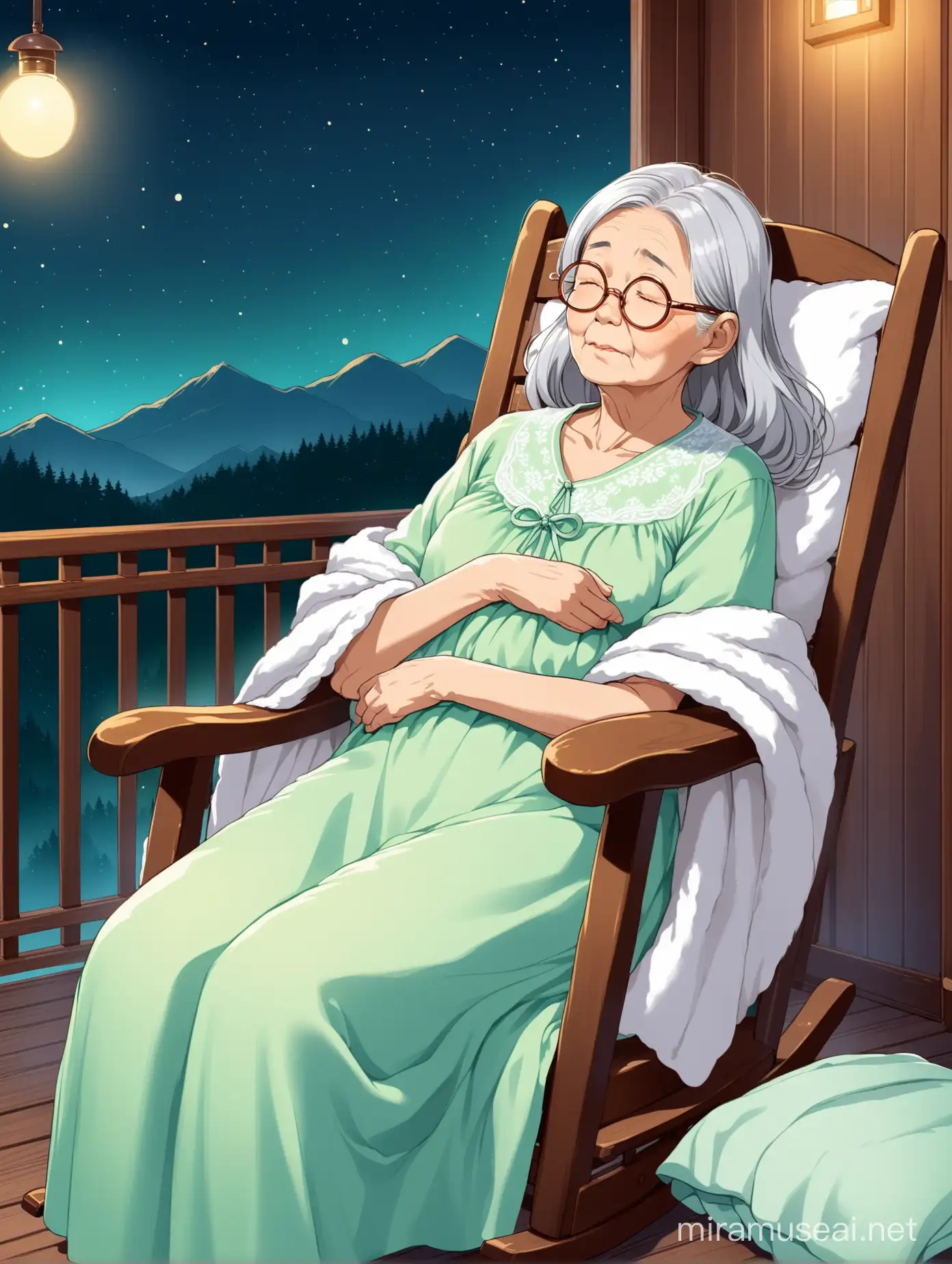 Elderly Asian woman, long gray hair, light green nightgown, round glasses, white shawl, on rocking chair, with blanket, sleeping, eyes closed, snoring, inside cabin, night time.